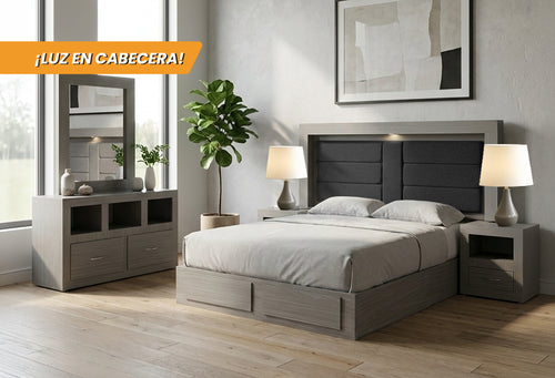 CABECERA, DOS BURÓS Y CÓMODA CON LUNA MÓNACO GRIS