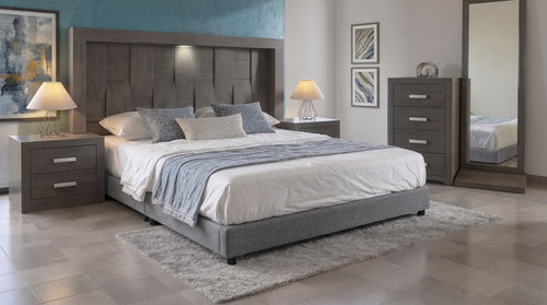 CABECERA, DOS BURÓS Y CÓMODA CON LUNA KIRA GRIS