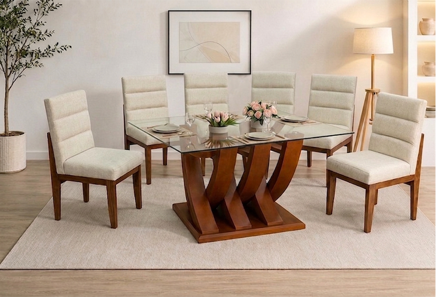 ANTECOMEDOR TAMAYO NOGAL CON 6 SILLAS KENYA AVELLANA