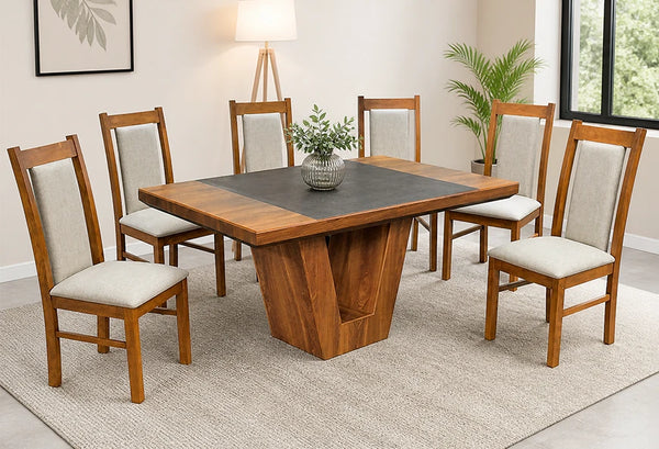 ANTECOMEDOR KENYA TABACO CHOCOLATE CON 6 SILLAS ARUBA AVELLANA