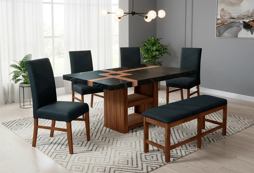 ANTECOMEDOR PARISH RECTANGULAR CON 4 SILLAS Y BANCA RUSSEL CHARCOAL