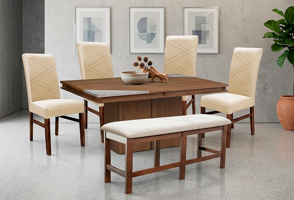 ANTECOMEDOR ARGELIA CON 4 SILLAS RUSSEL Y BANCA ALPHA LATTE