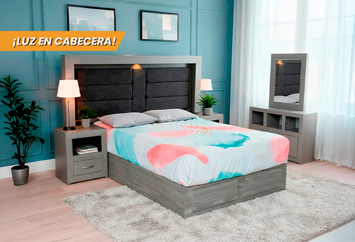 CABECERA, DOS BURÓS Y CÓMODA CON LUNA MÓNACO GRIS