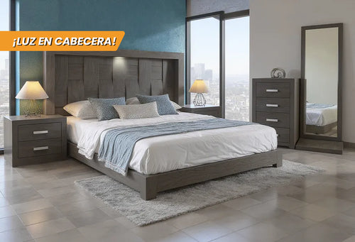 CABECERA, DOS BURÓS Y CÓMODA CON LUNA KIRA GRIS