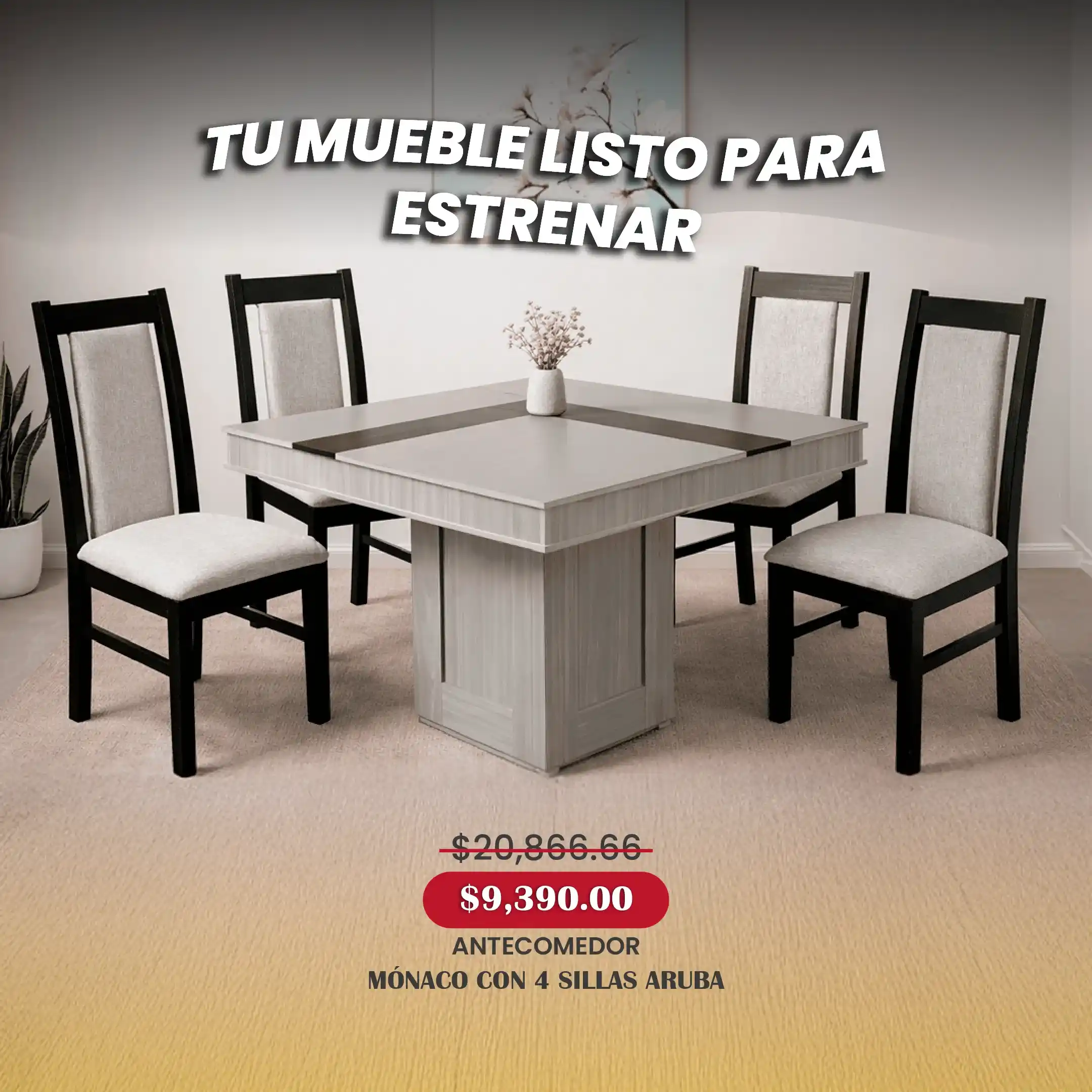 ANTECOMEDOR MÓNACO GRIS 1X1 VS/2 CON 4 SILLAS ARUBA