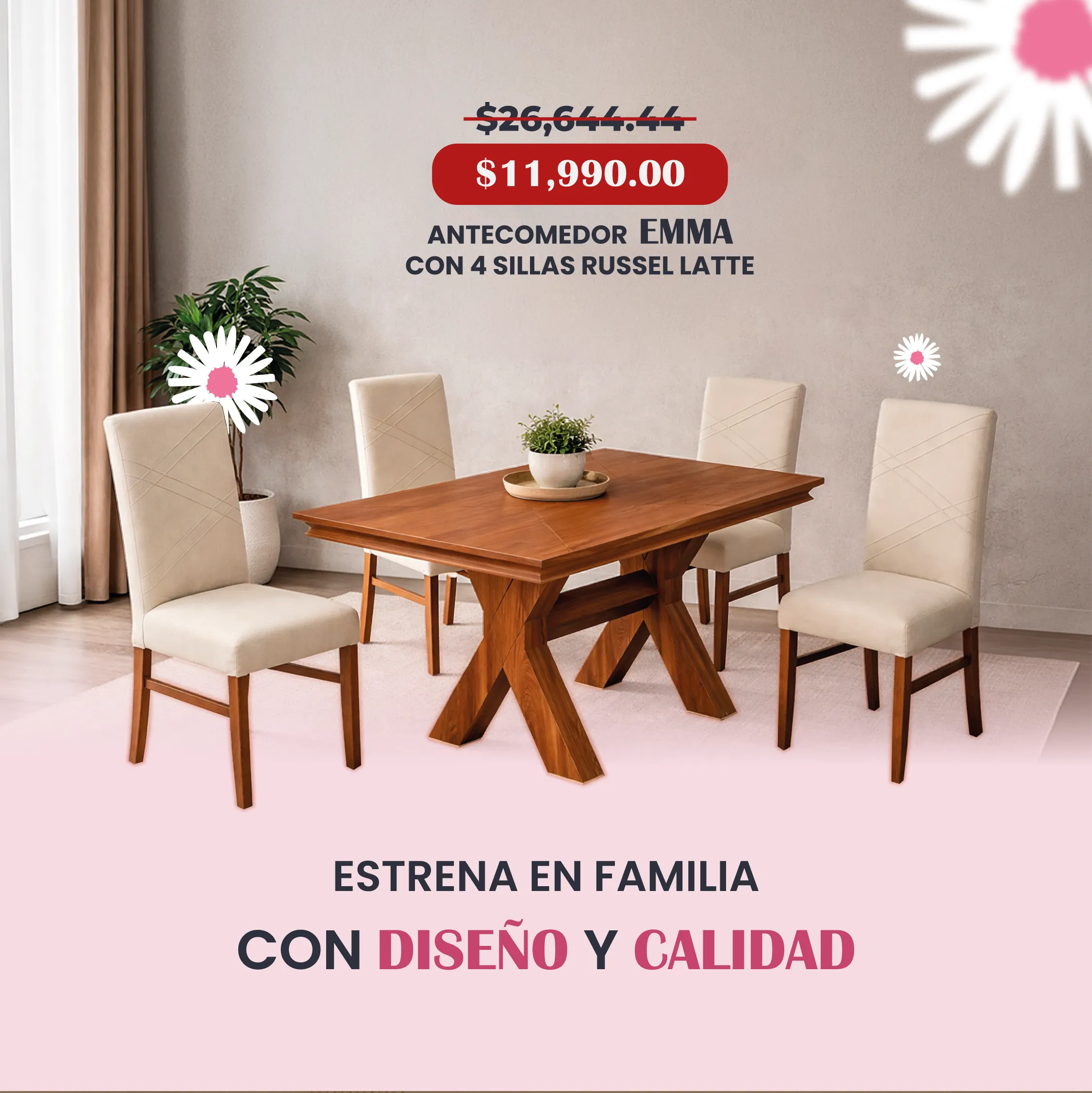 ANTECOMEDOR EMMA CON 4 SILLAS RUSSEL LATTE