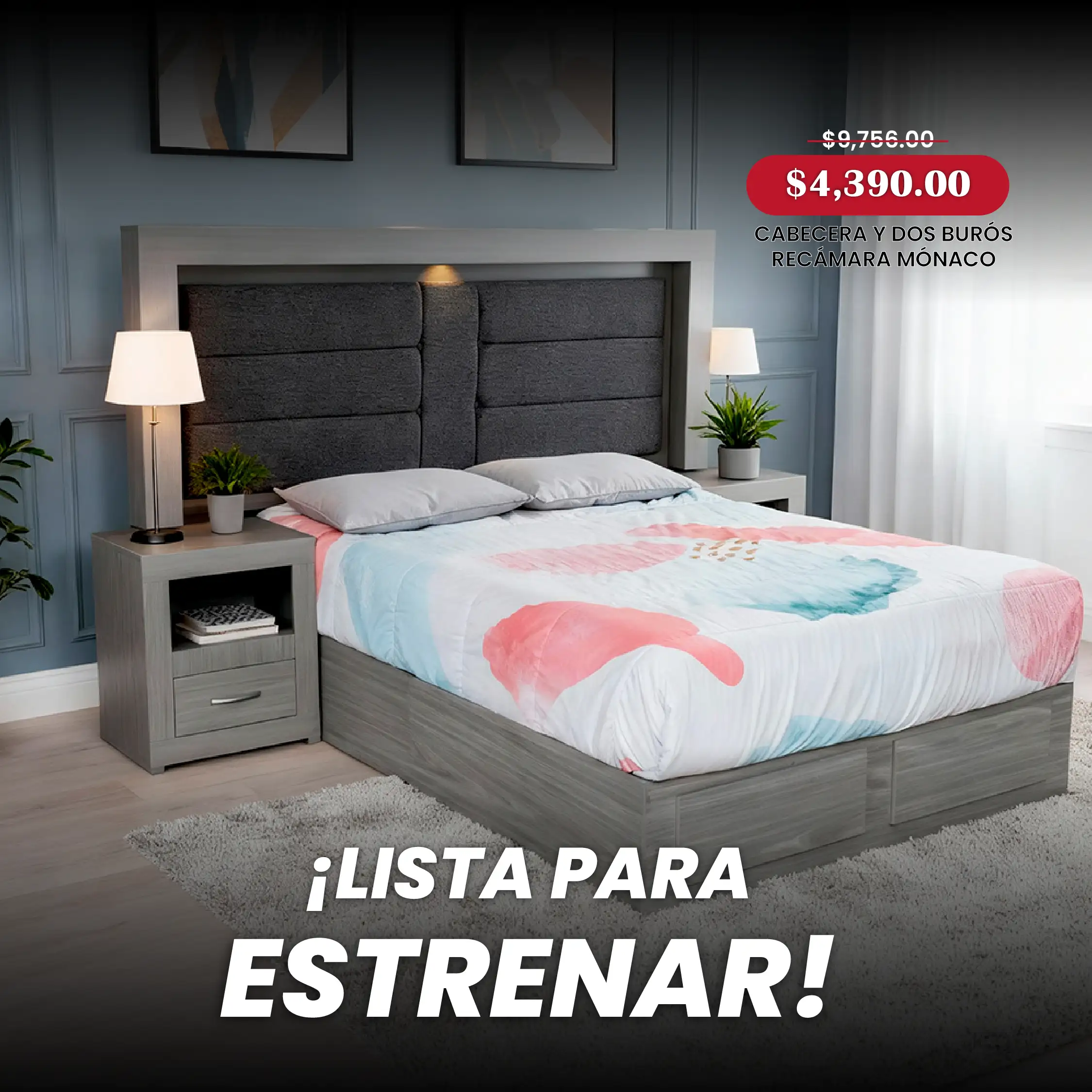 CABECERA Y DOS BURÓS MÓNACO GRIS