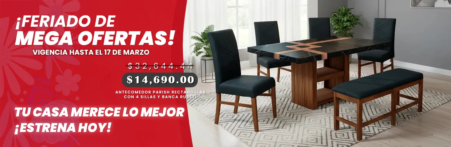 ANTECOMEDOR PARISH RECTANGULAR CON 4 SILLAS Y BANCA RUSSEL CHARCOAL