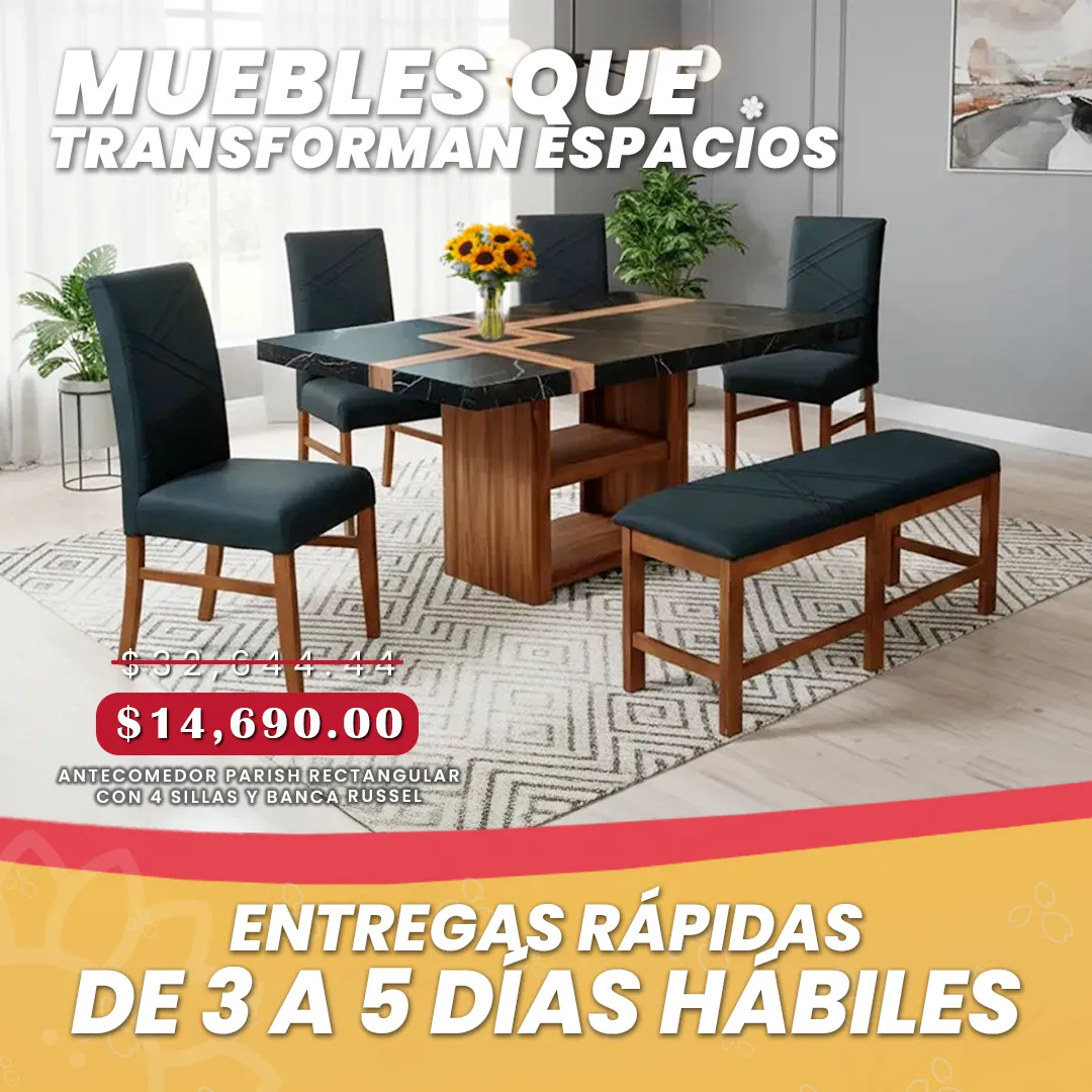 ANTECOMEDOR PARISH RECTANGULAR CON 4 SILLAS Y BANCA RUSSEL CHARCOAL