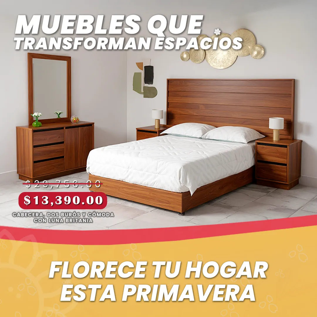 CABECERA, DOS BURÓS Y CÓMODA CON LUNA BRITANIA