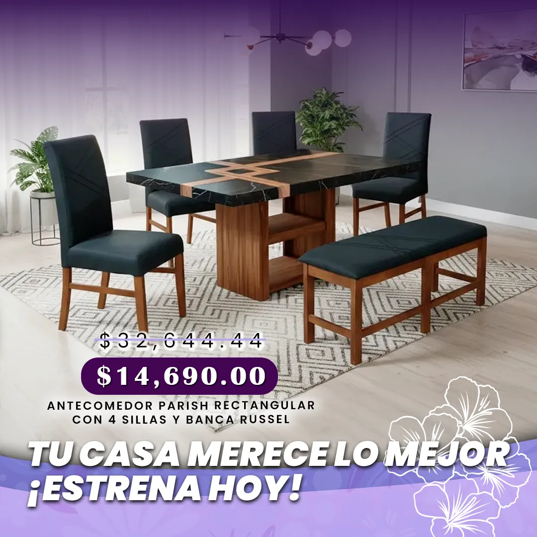 ANTECOMEDOR PARISH RECTANGULAR CON 4 SILLAS Y BANCA RUSSEL CHARCOAL